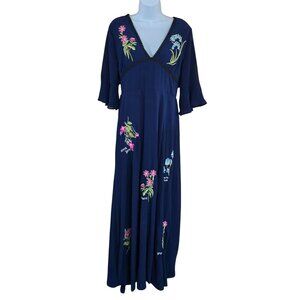 Embroidered Floral Accent Navy Maxi Dress V-Neck cotttagecore fairycore garden
